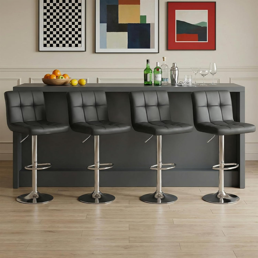 Bar Stools Set of 4, 24 Inch Counter Height Bar Stools, Upholstered Modern Kitchen Barstools with Metal Base, PU Leather Saddle Stools for Kitchen Island, Inky Black