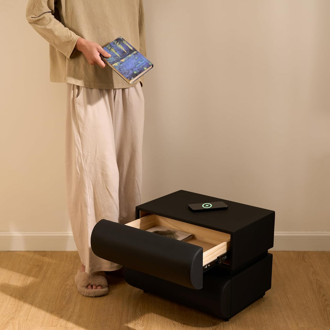 Smart Home Nightstand Modern Light Gray Leather Nightstand with Wireless Charger