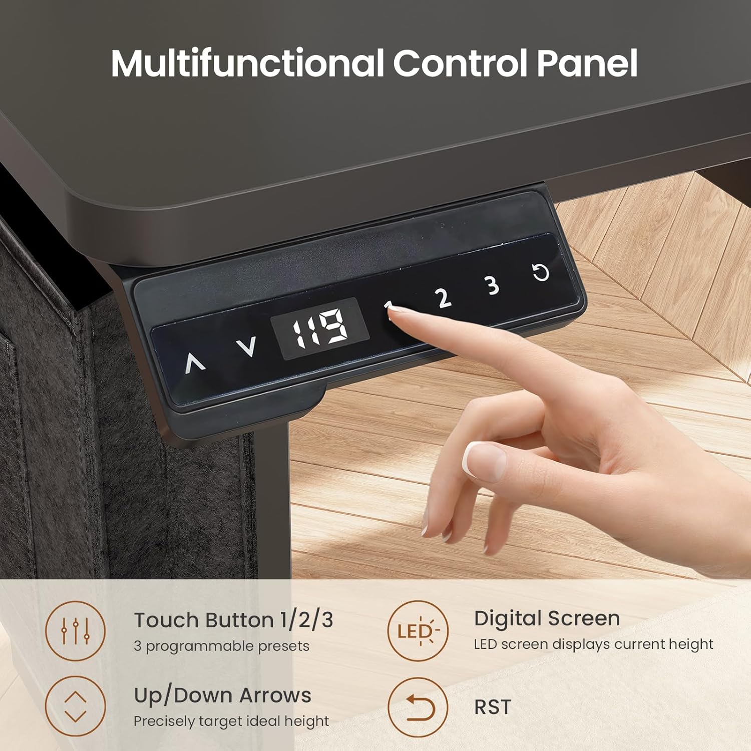 Multifunctional control panel with digital screen and touch buttons on a wooden surface.