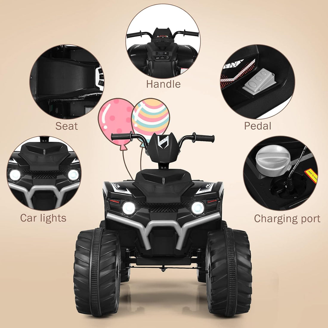 New 2024 Electric Quad Bike, Children Ride on ATV with Bluetooth, Lights, Music, Horn, High/Low Speeds and Slow Start, 12 V Battery Powered Toy Car for 3-7 Years Boys Girls (Black)