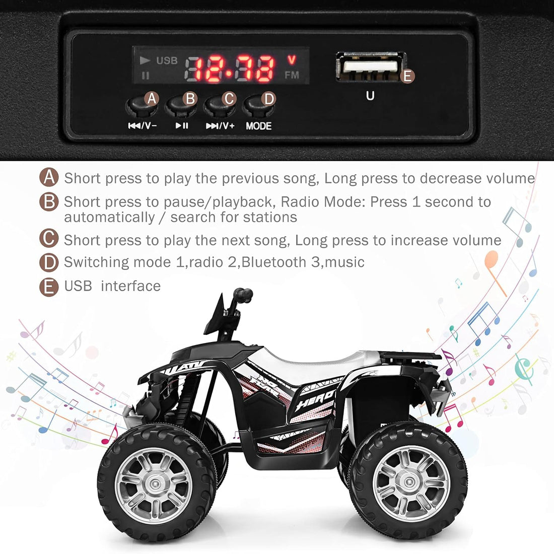 New 2024 Electric Quad Bike, Children Ride on ATV with Bluetooth, Lights, Music, Horn, High/Low Speeds and Slow Start, 12 V Battery Powered Toy Car for 3-7 Years Boys Girls (Black)