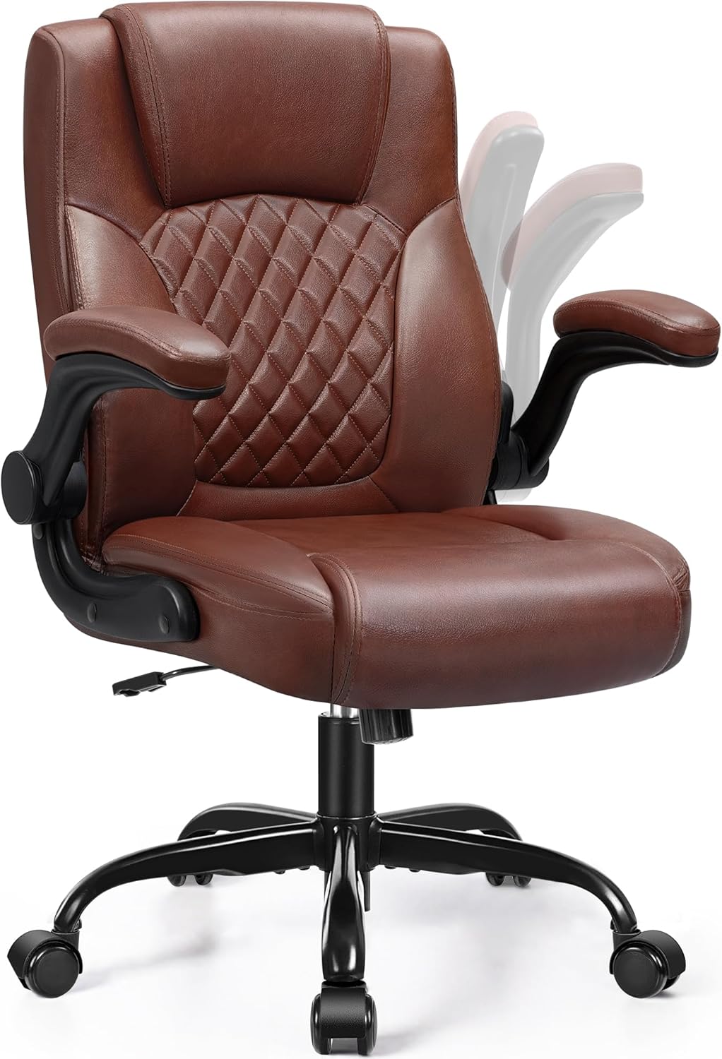 Brown leather office chair with quilted design on a white background
