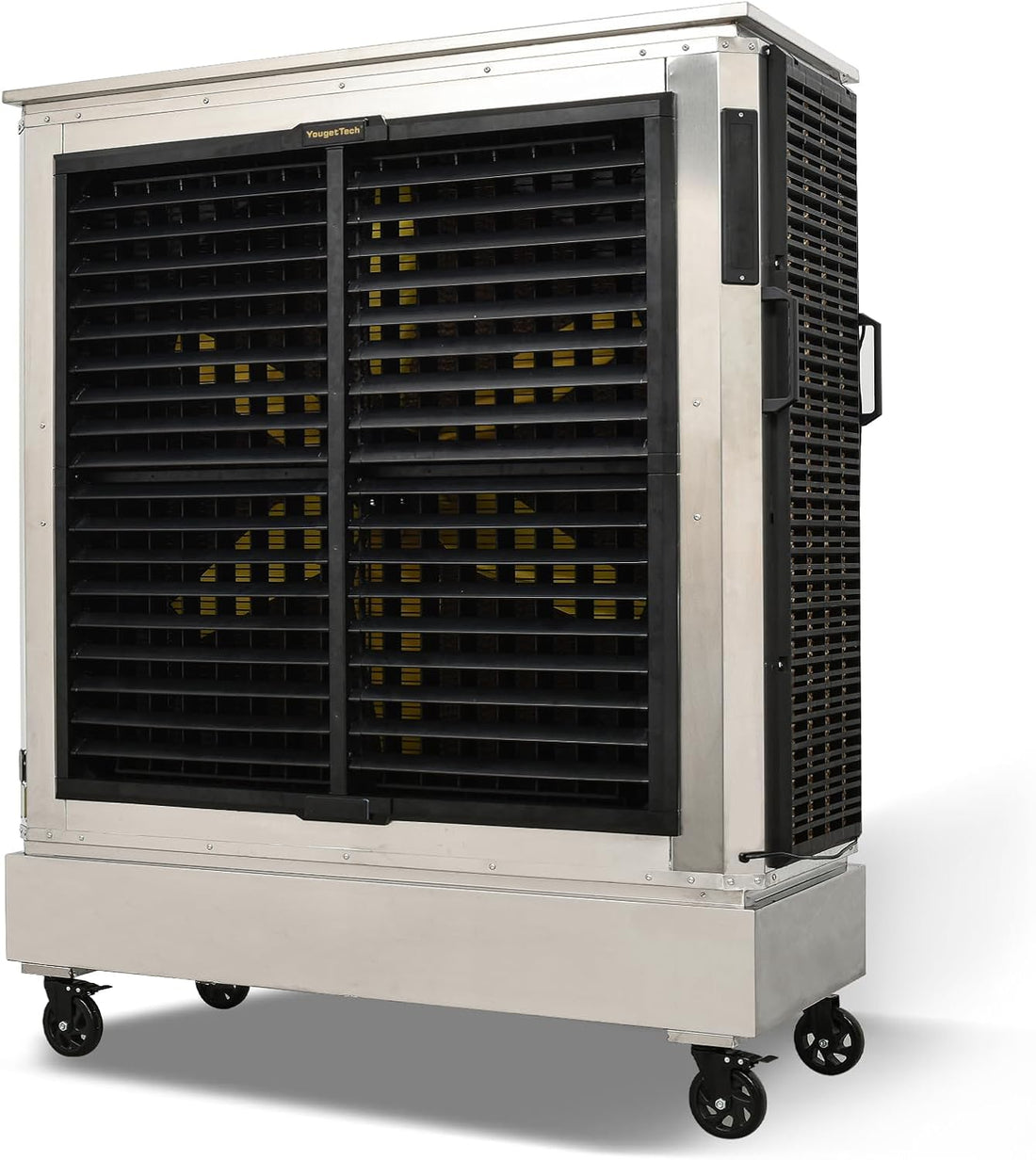 A large industrial evaporative cooler with a brushed stainless steel exterior, black front grille, and caster wheels, shown on a white background.