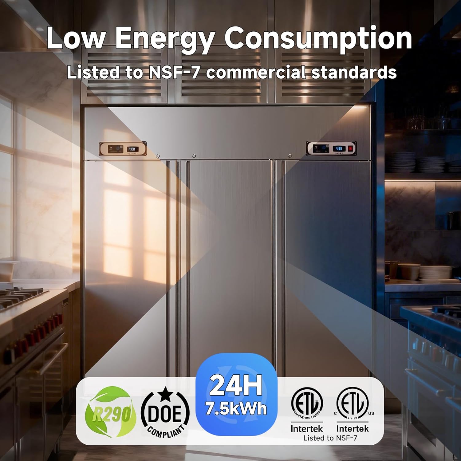 Commercial refrigerator in a kitchen setting with energy consumption and certification labels.