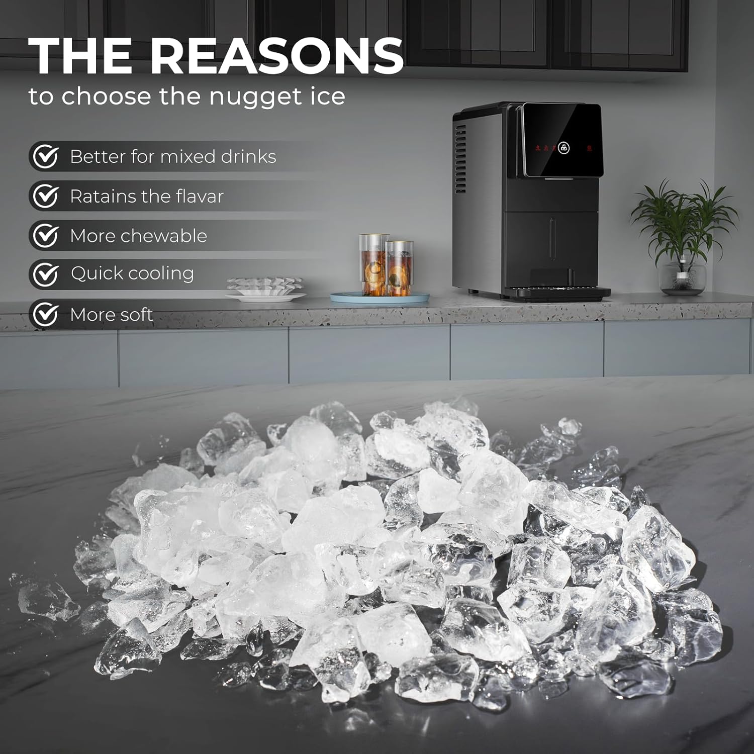 Modern Nugget Ice Maker Countertop – Portable Self-Cleaning Ice Machine