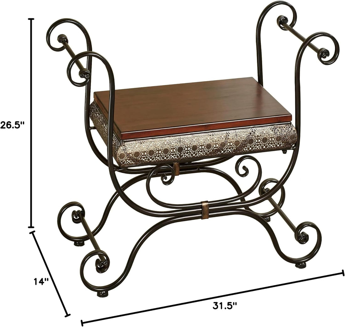 An ornate wrought-iron bench or end table with a dark brown wooden top and a patterned lace-trimmed seat, shown with dimension lines indicating 26.5 inches height, 14 inches width, and 31.