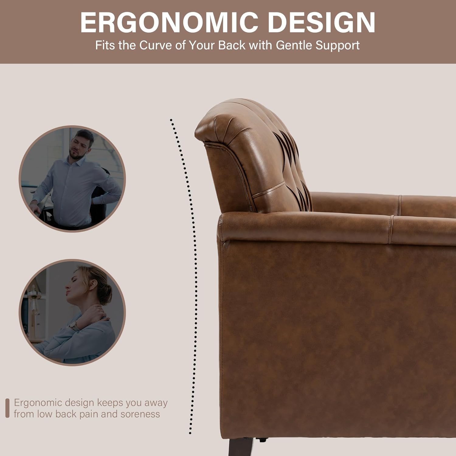 Brown leather recliner with ergonomic design text and images of people using it.