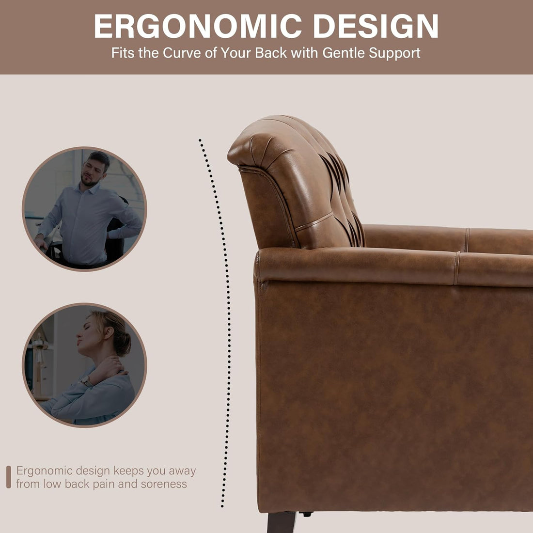 Brown leather recliner with ergonomic design text and images of people using it.