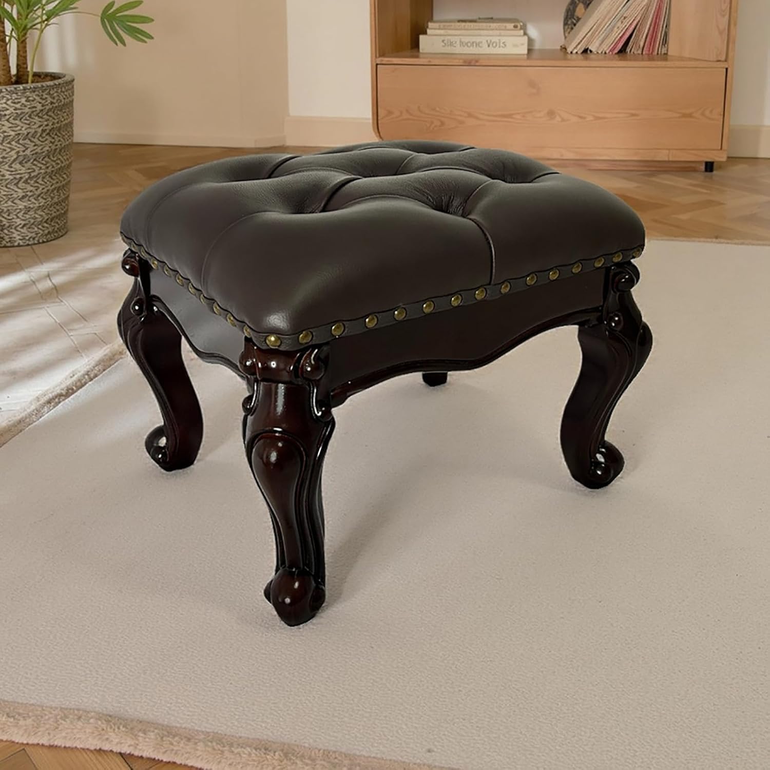 Leather Foot Stool – Small Vintage Ottoman Foot Rest with Wooden Base