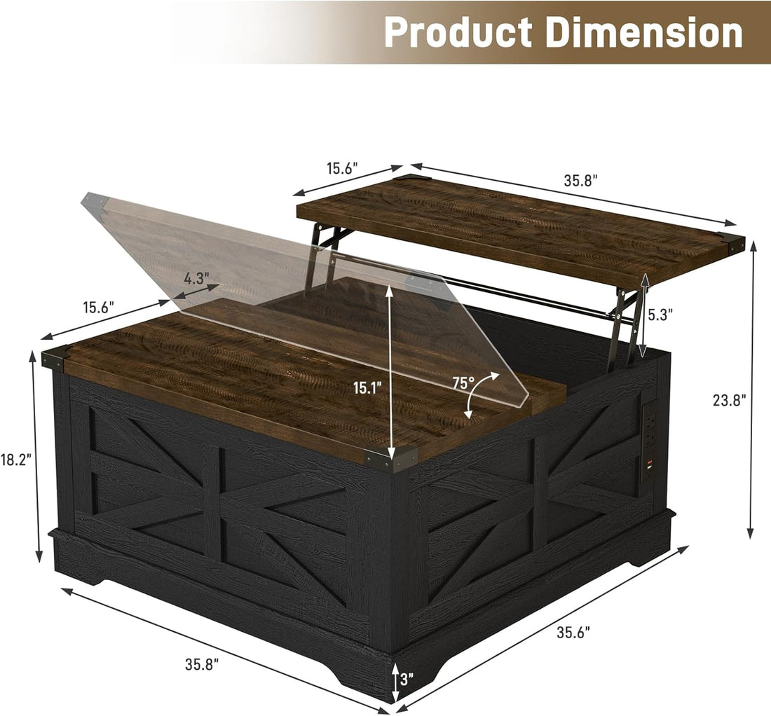 Modern Movable Lift Top Coffee Table with Power Outlets & Storage