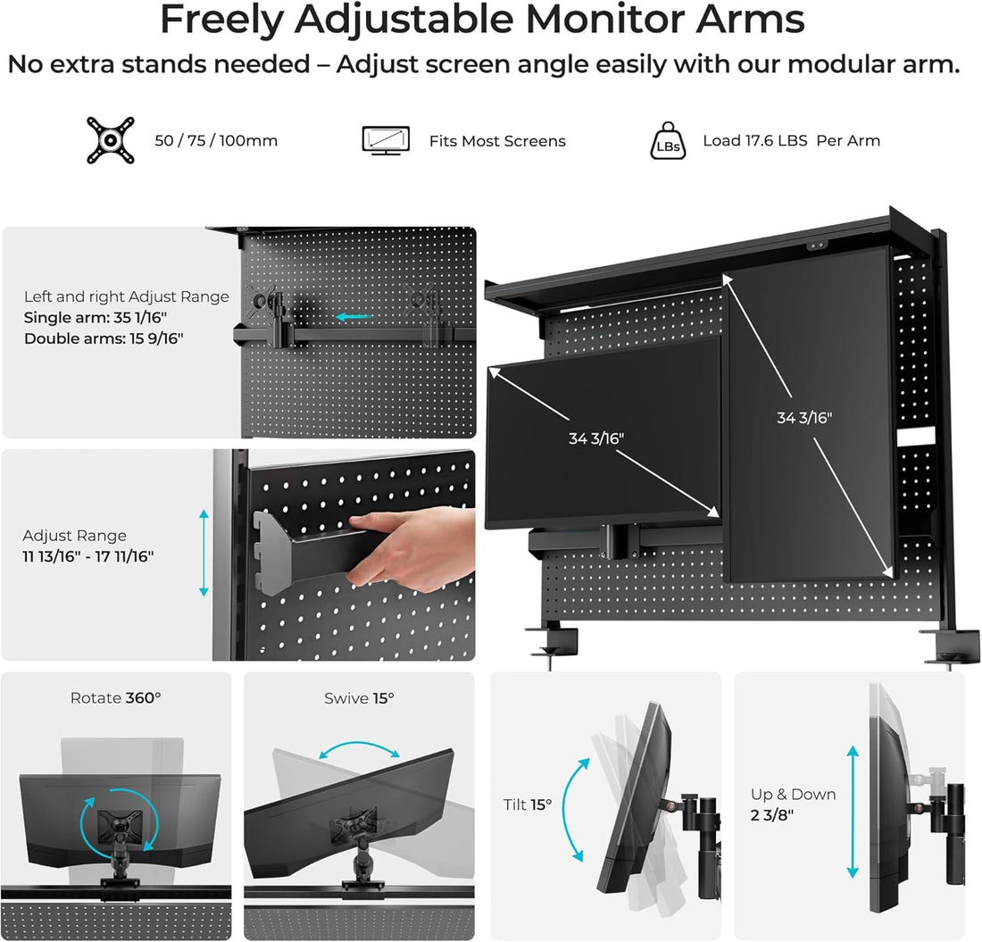 Luxe Pegboard with Dual Monitor Stand – Steel Desk Organizer & Privacy Panel for Gaming/Office Setup