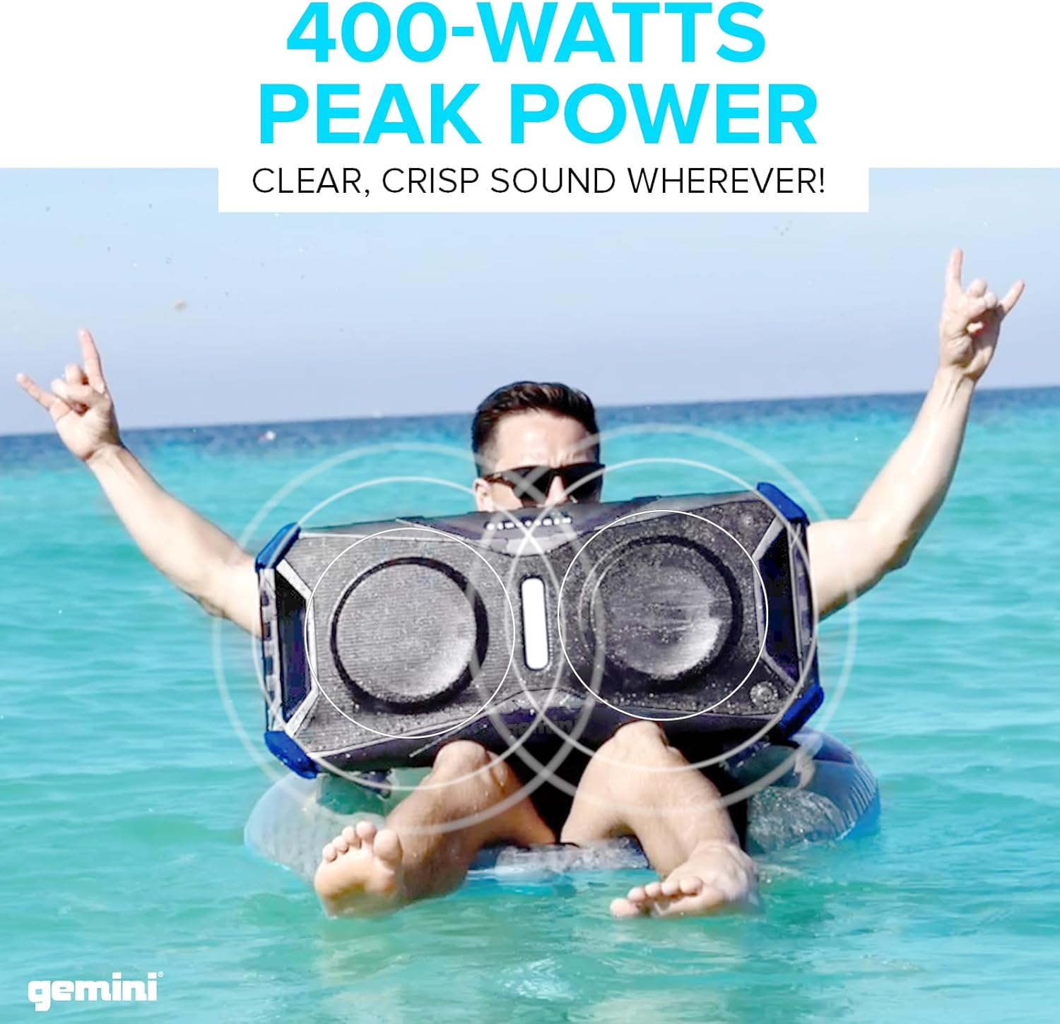 Soundsplash 400W Floating Waterproof Wireless Bluetooth Speaker, LED Light Show, Dual 8” Woofers & NFC Pairing - Perfect for Pool Parties, Beach, Travel & Home Fun (Gray/Blue)