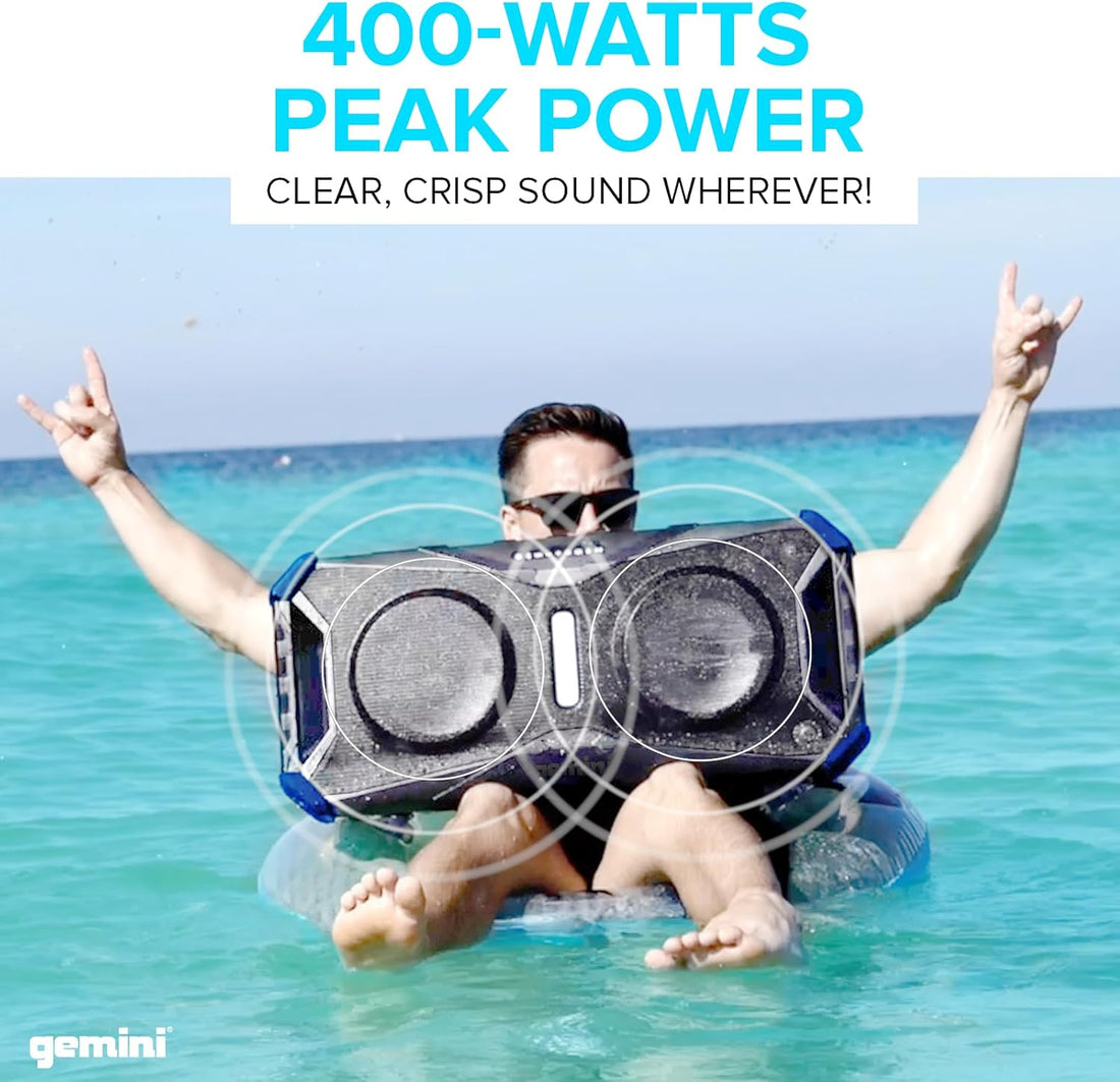 Soundsplash 400W Floating Waterproof Wireless Bluetooth Speaker, LED Light Show, Dual 8” Woofers & NFC Pairing - Perfect for Pool Parties, Beach, Travel & Home Fun (Gray/Blue)