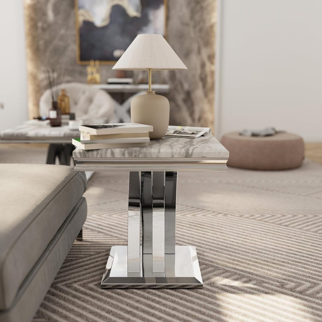 Premium Silver End Table X Base Living Room Luxury