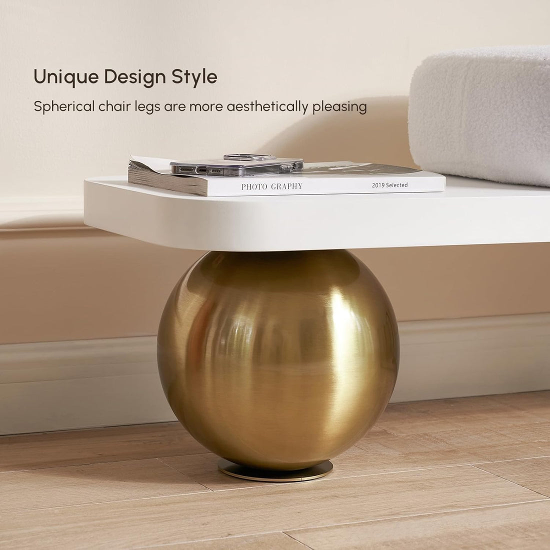 Modern Wooden Bouclé Upholstered Bench – Abstract Metal Leg with Lambswool Cushion
