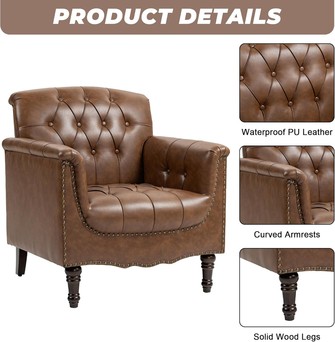 Brown leather armchair with detailed features on a white background