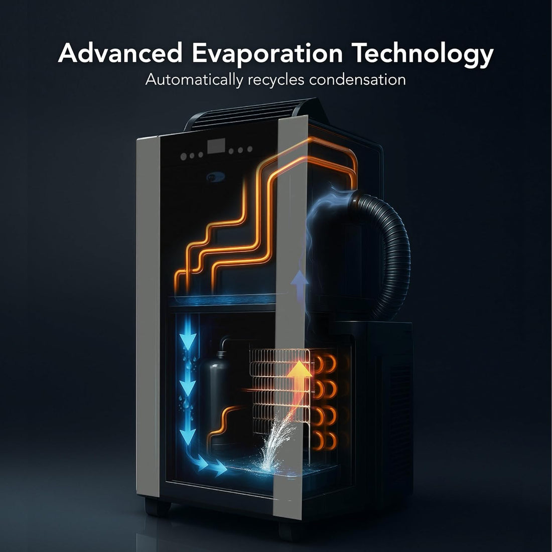 Illustration of a device with advanced evaporation technology on a dark background