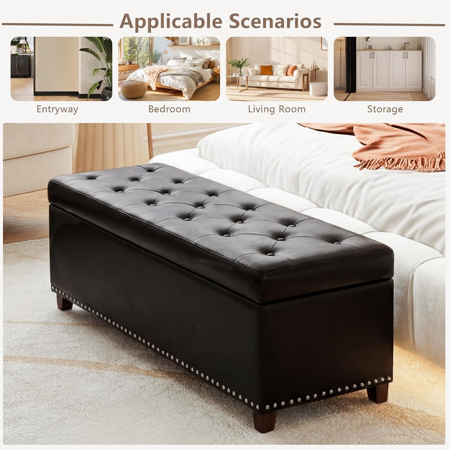 New Storage Ottoman Bench – 51" Leather Tufted End of Bed Bench for Bedroom