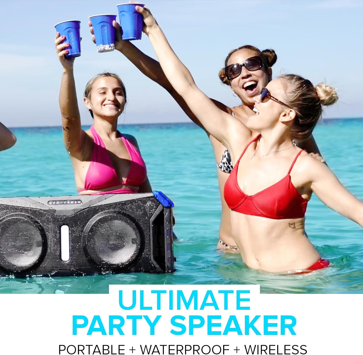 Soundsplash 400W Floating Waterproof Wireless Bluetooth Speaker, LED Light Show, Dual 8” Woofers & NFC Pairing - Perfect for Pool Parties, Beach, Travel & Home Fun (Gray/Blue)