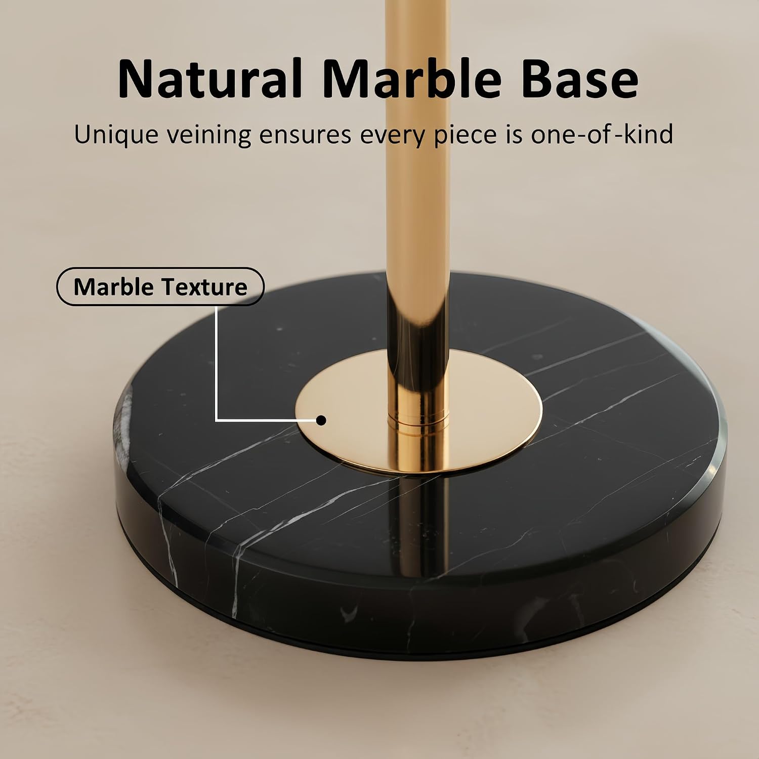 Marble base with gold accent, highlighting natural marble texture and unique veining.