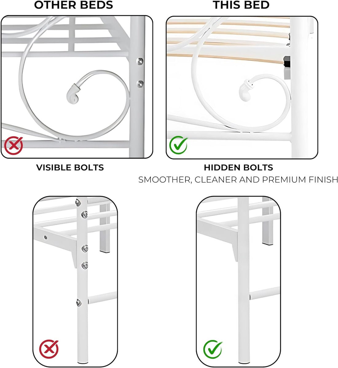 – 4Ft6 Double Metal Bed Frame with Luxurious Crystal Finials – Easy Assembly - Solid Double Metal Bed Frames with Sprung Slats – Additional Metal Support Legs