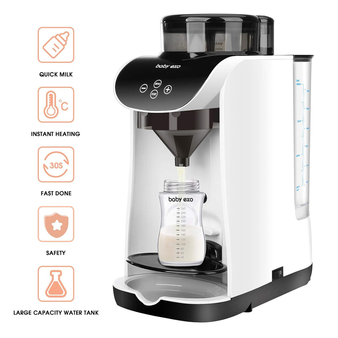 Baby formula dispenser with features listed on a white background