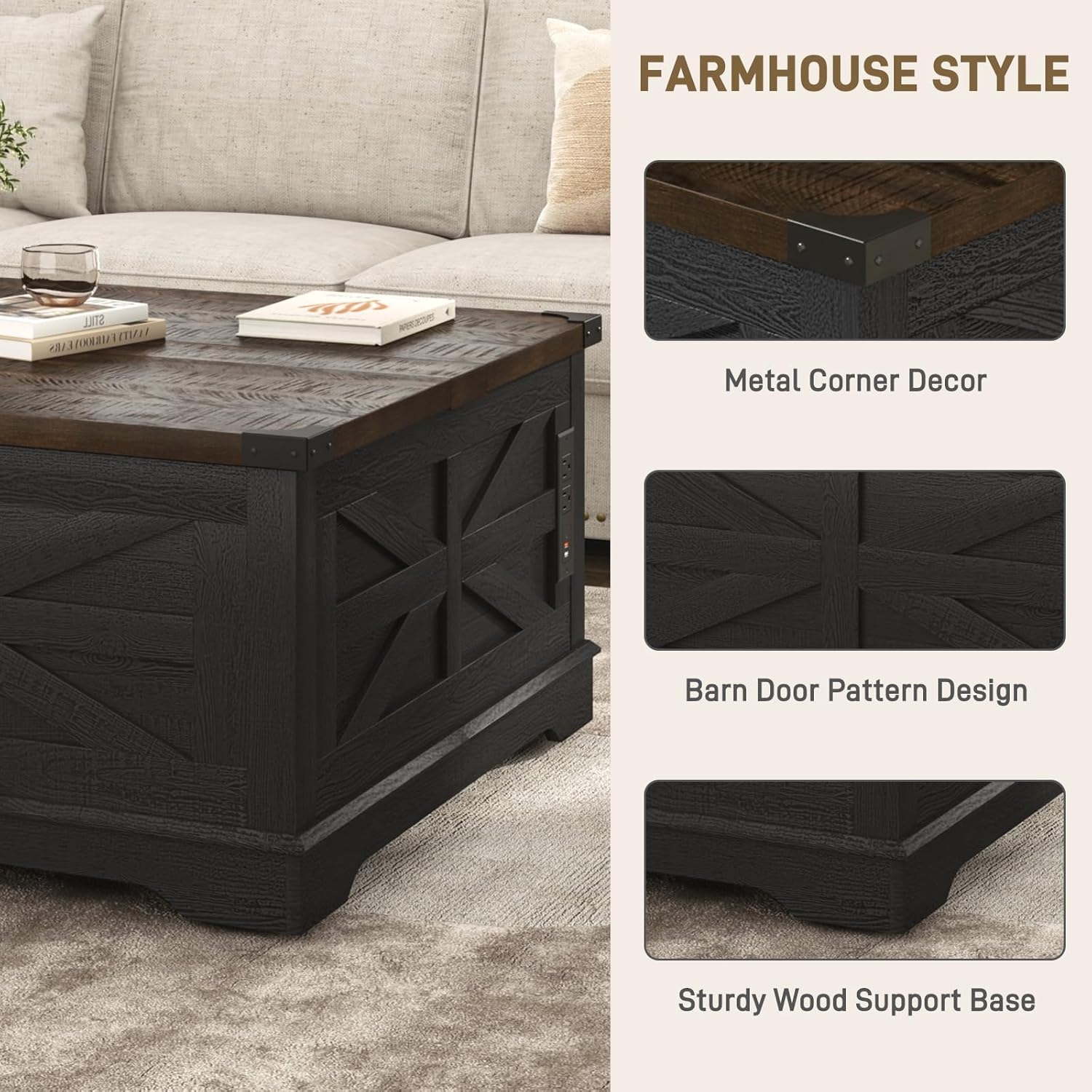 Modern Movable Lift Top Coffee Table with Power Outlets & Storage