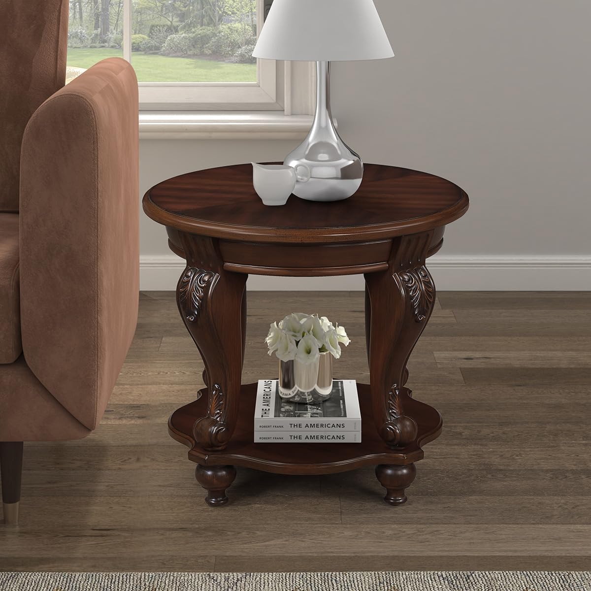 Wooden side table with decorative items in a living room setting