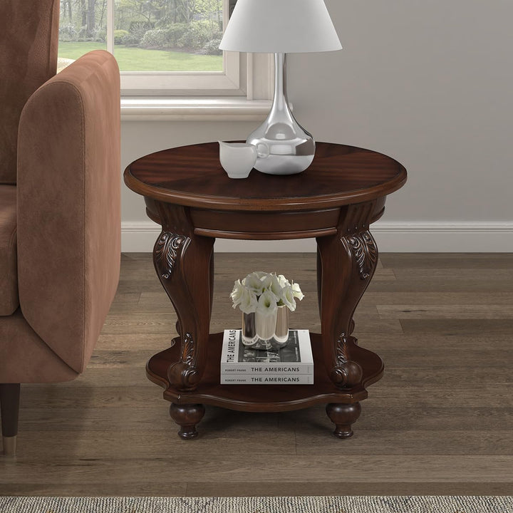 Wooden side table with decorative items in a living room setting