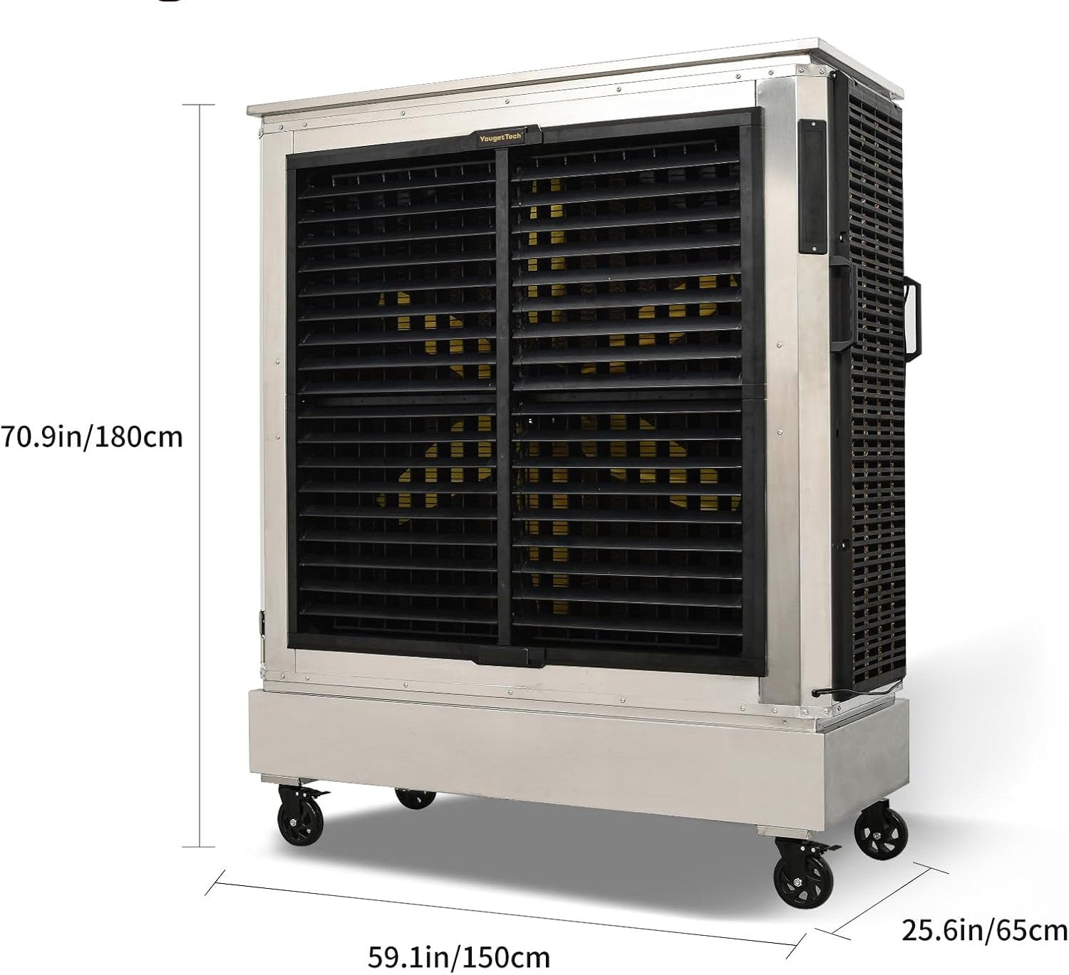 A large industrial window air conditioner with a silver aluminum frame and black front grilles, shown on a white background with dimension lines indicating its height, width, and depth.