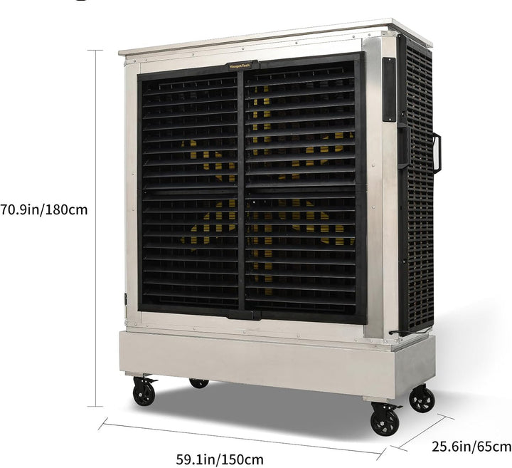 A large industrial window air conditioner with a silver aluminum frame and black front grilles, shown on a white background with dimension lines indicating its height, width, and depth.