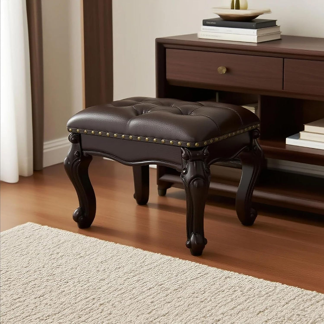 Leather Foot Stool – Small Vintage Ottoman Foot Rest with Wooden Base