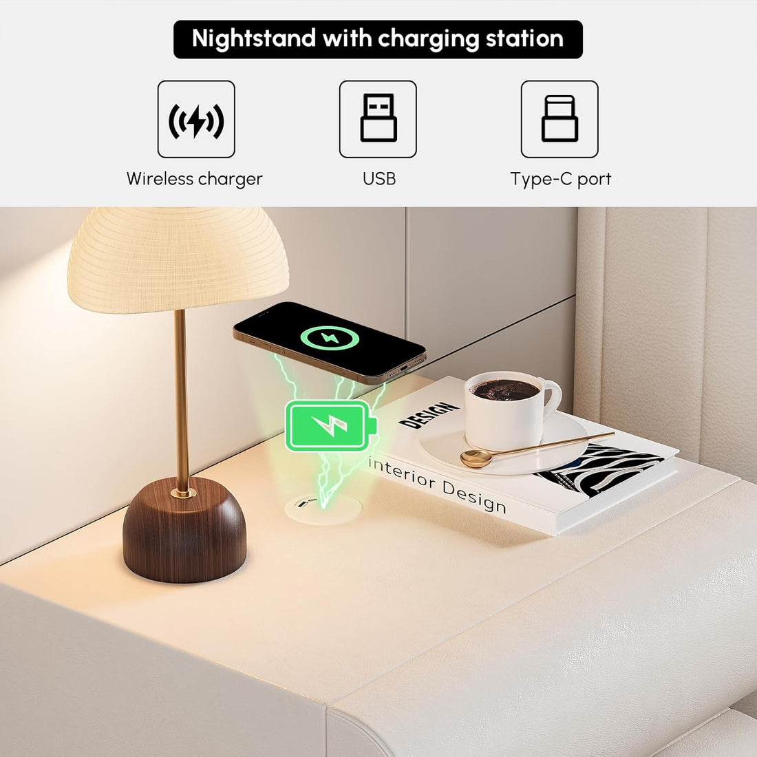 Smart Home Nightstand Modern Light Gray Leather Nightstand with Wireless Charger