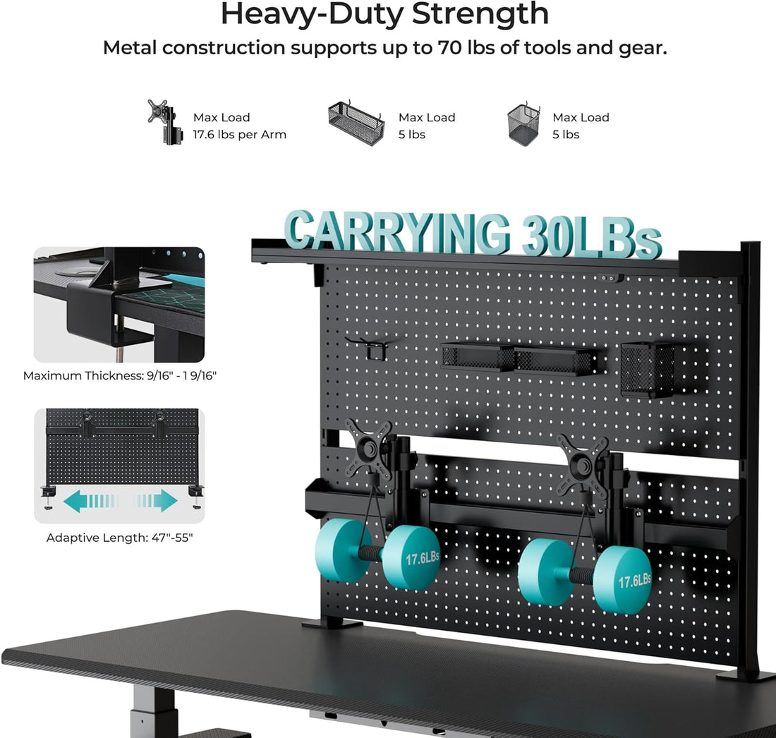 Luxe Pegboard with Dual Monitor Stand – Steel Desk Organizer & Privacy Panel for Gaming/Office Setup