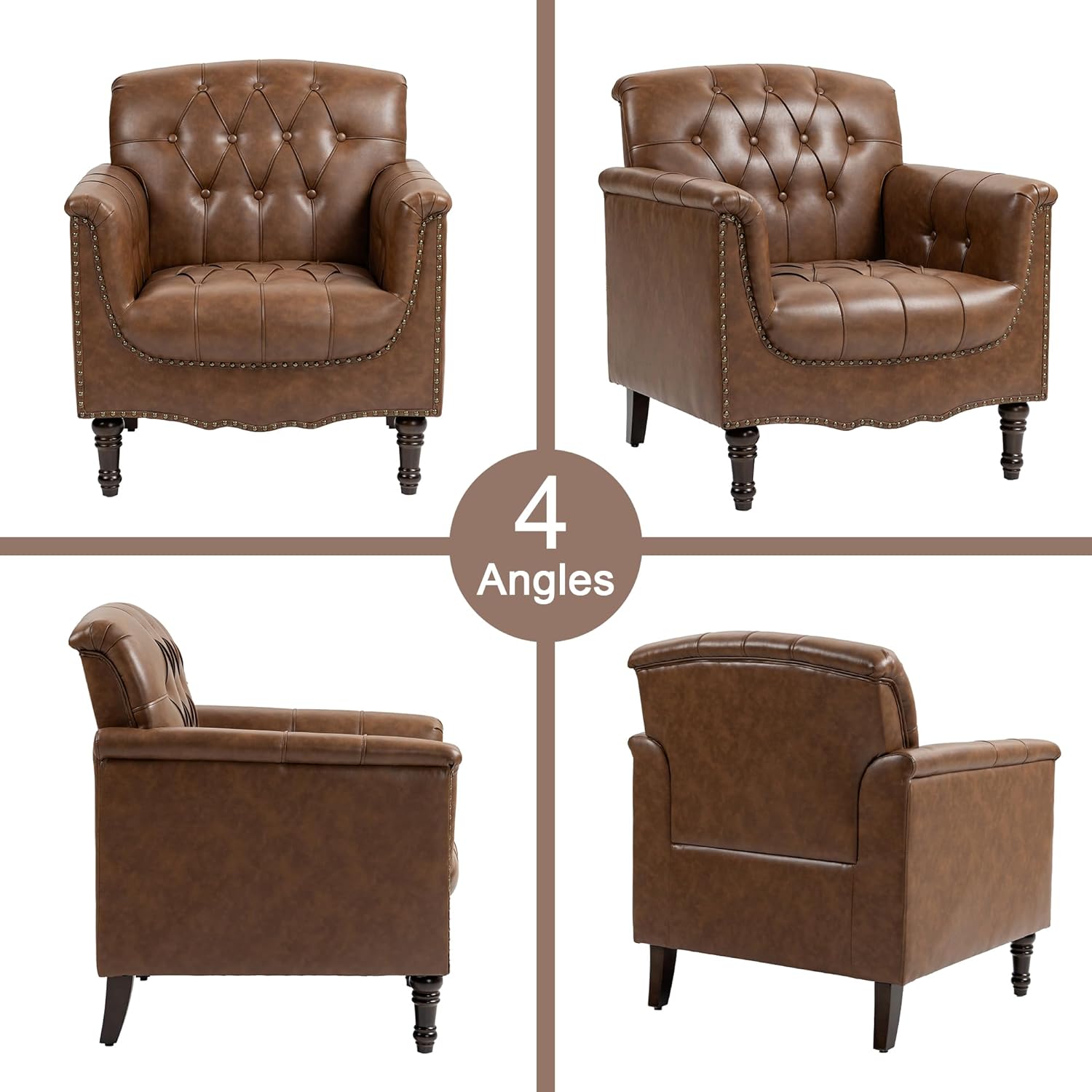 Brown leather armchair shown from four different angles on a white background.