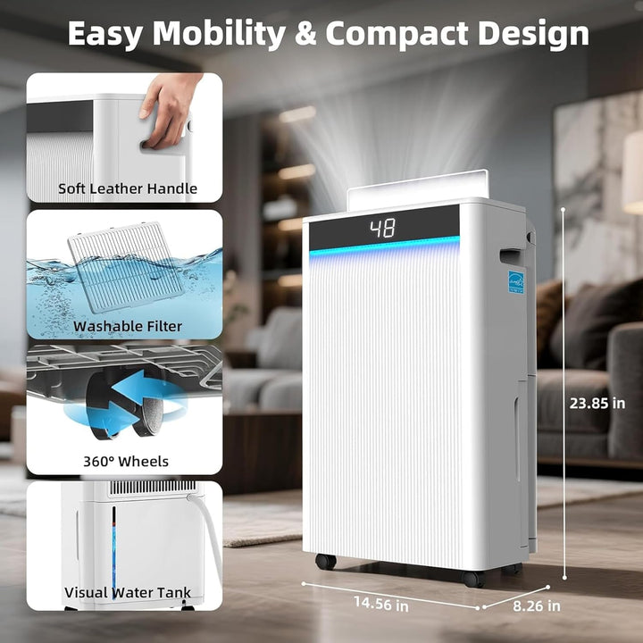 Smart Dehumidifier for Basement, Bedroom, Home with Drain Hose and Intelligent Humidistat