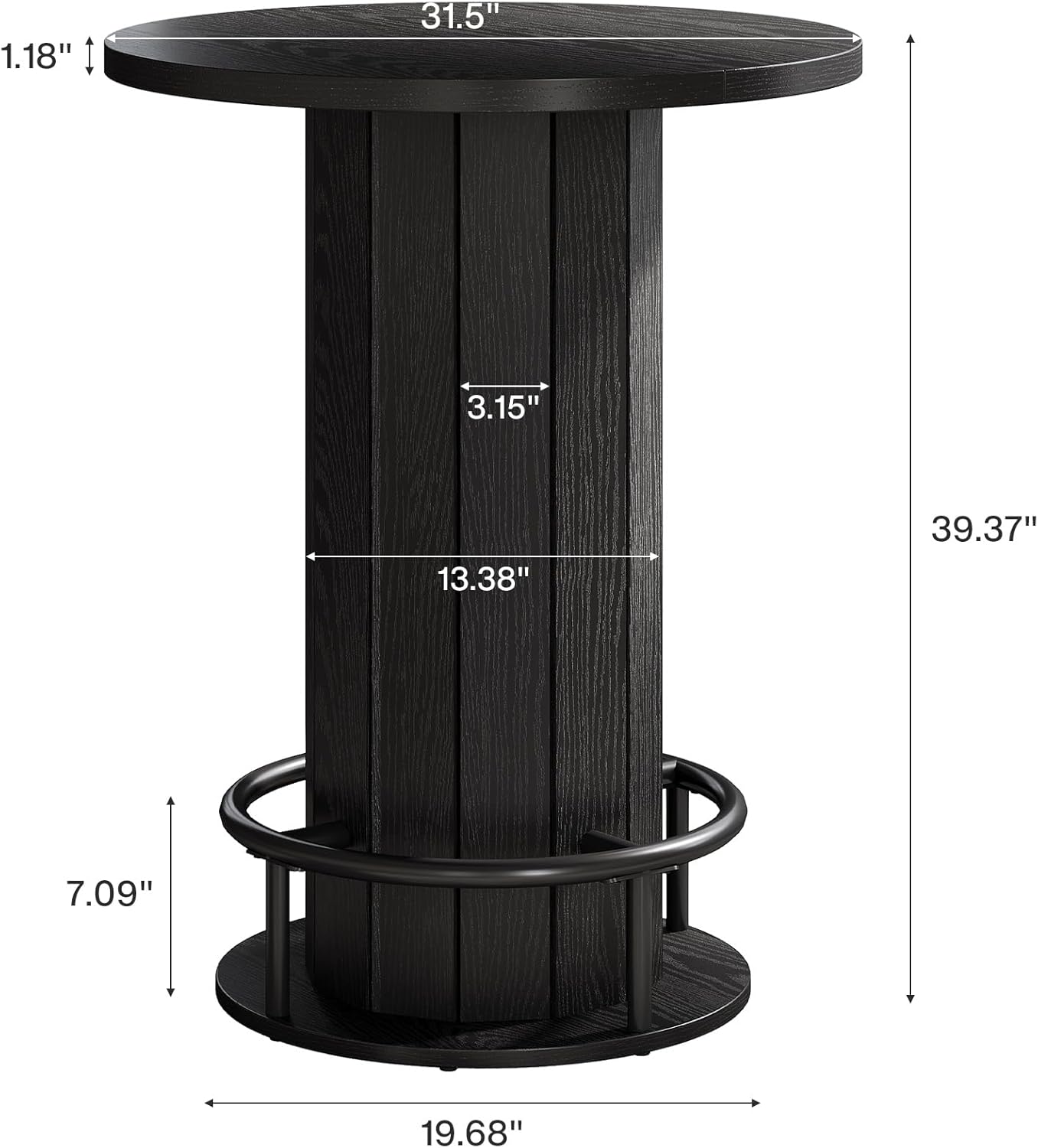 round Bar Table, 39.4" H Wood Bistro Pub Table with Metal Ring Footrest for Dining Coffee Cocktail Living Room, Small Space, Black (Only Table)