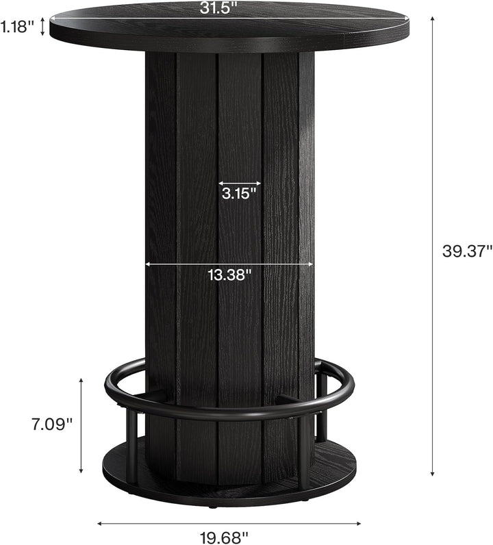 round Bar Table, 39.4" H Wood Bistro Pub Table with Metal Ring Footrest for Dining Coffee Cocktail Living Room, Small Space, Black (Only Table)