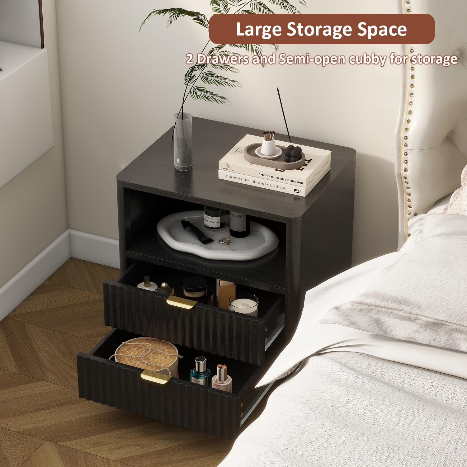 Black Fluted Nightstands Set of 2 with 2 Drawers & Open Shelves