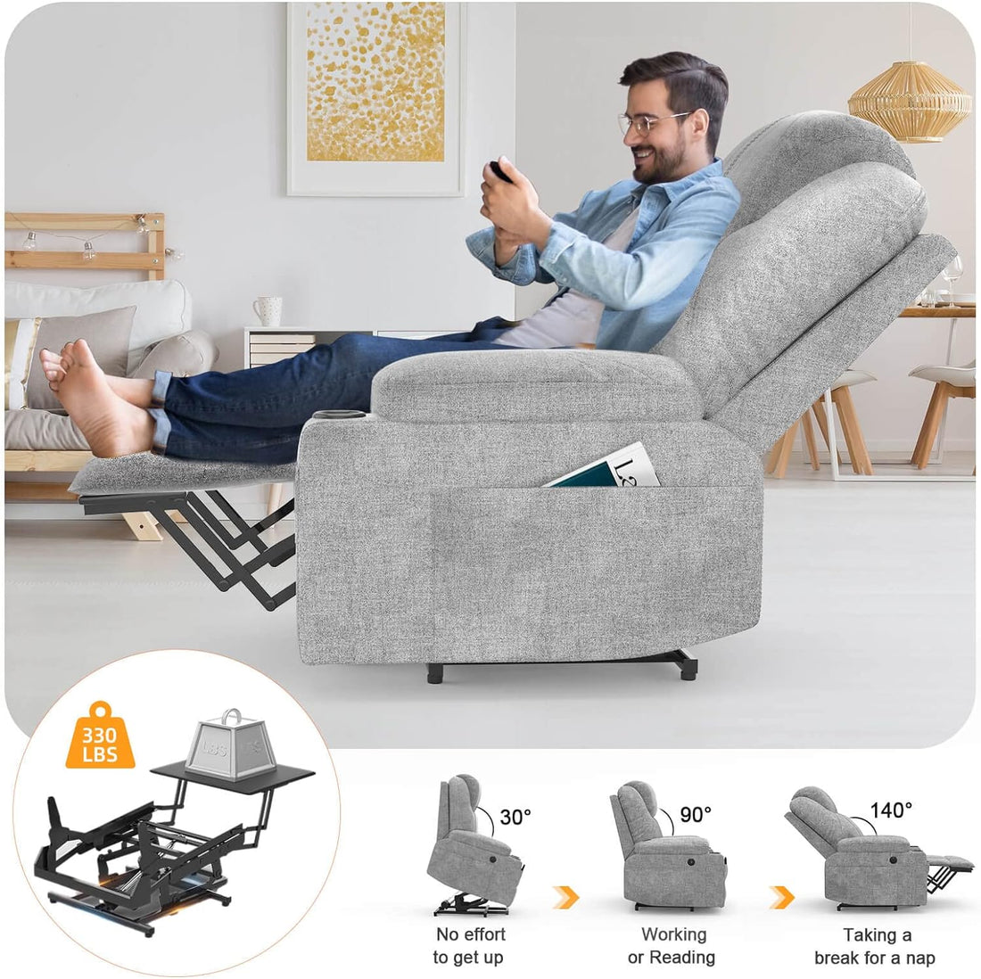 Lift Chairs Recliners for Elderly,Recliner Chair with Massage and Heat, Extended Footrest, Heavy Duty Motor Large Recliners for Living Room USB Port, Cup Holders, 2 Side Pockets