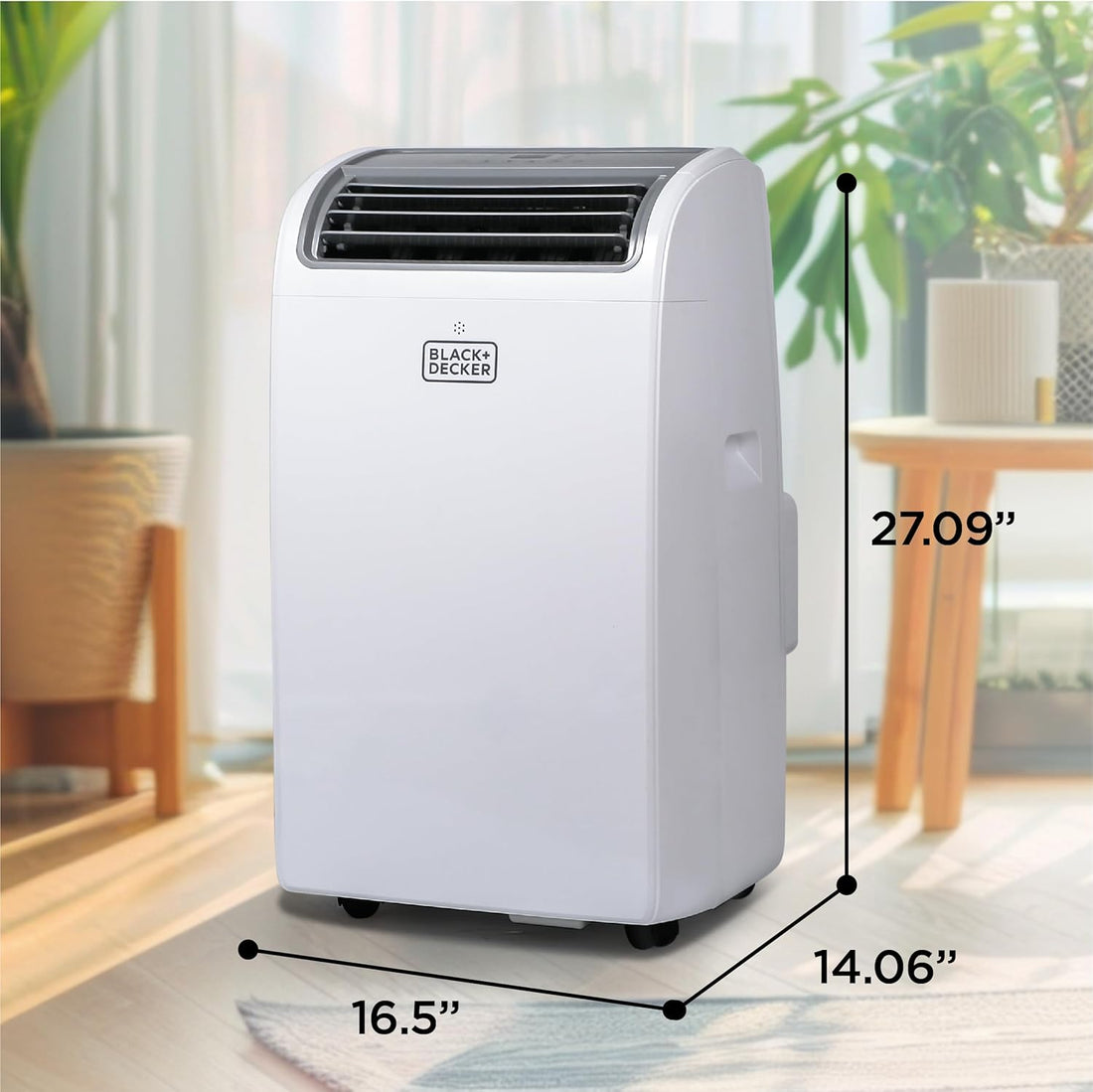 Black & Decker portable air conditioner with dimensions displayed in a room setting.
