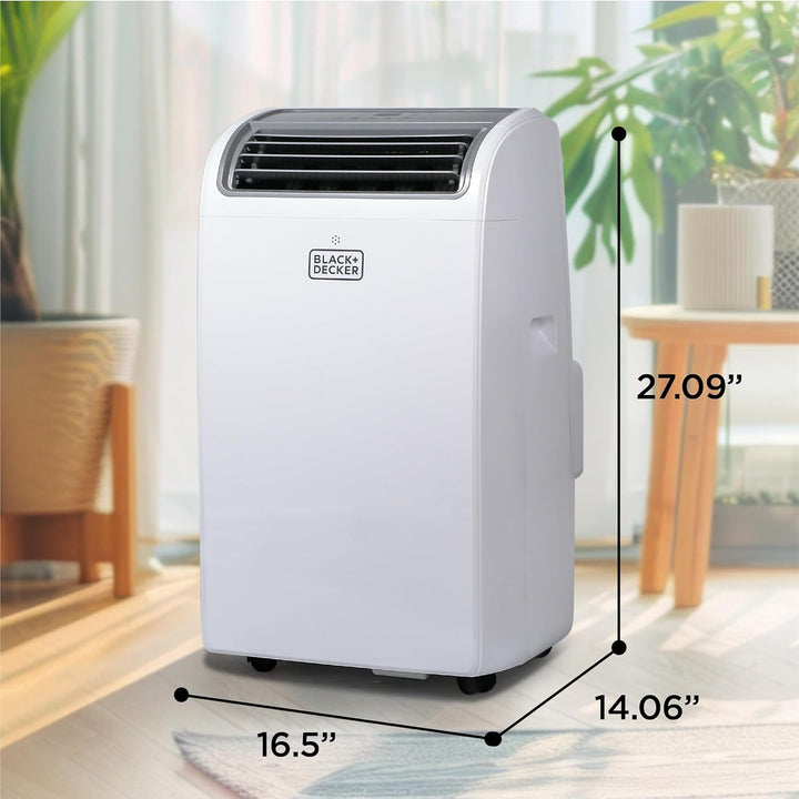 Black & Decker portable air conditioner with dimensions displayed in a room setting.