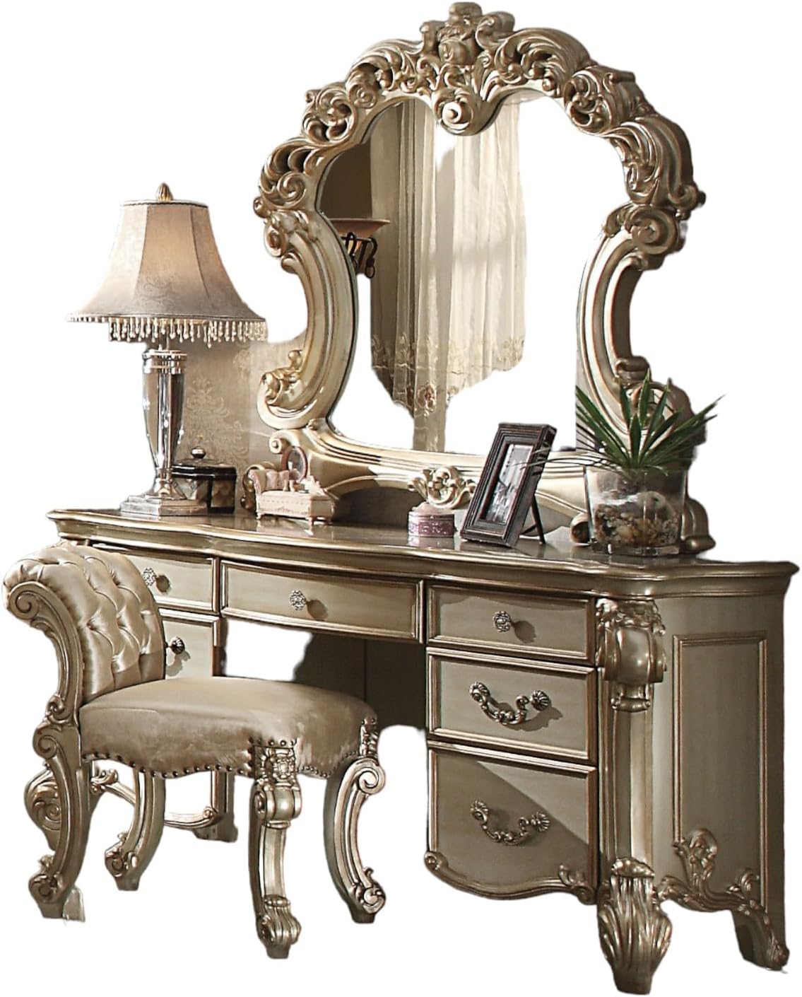 Royal Vanity Desk in Gold Patina & Bone – Luxury Dressing Table with Storage Drawers