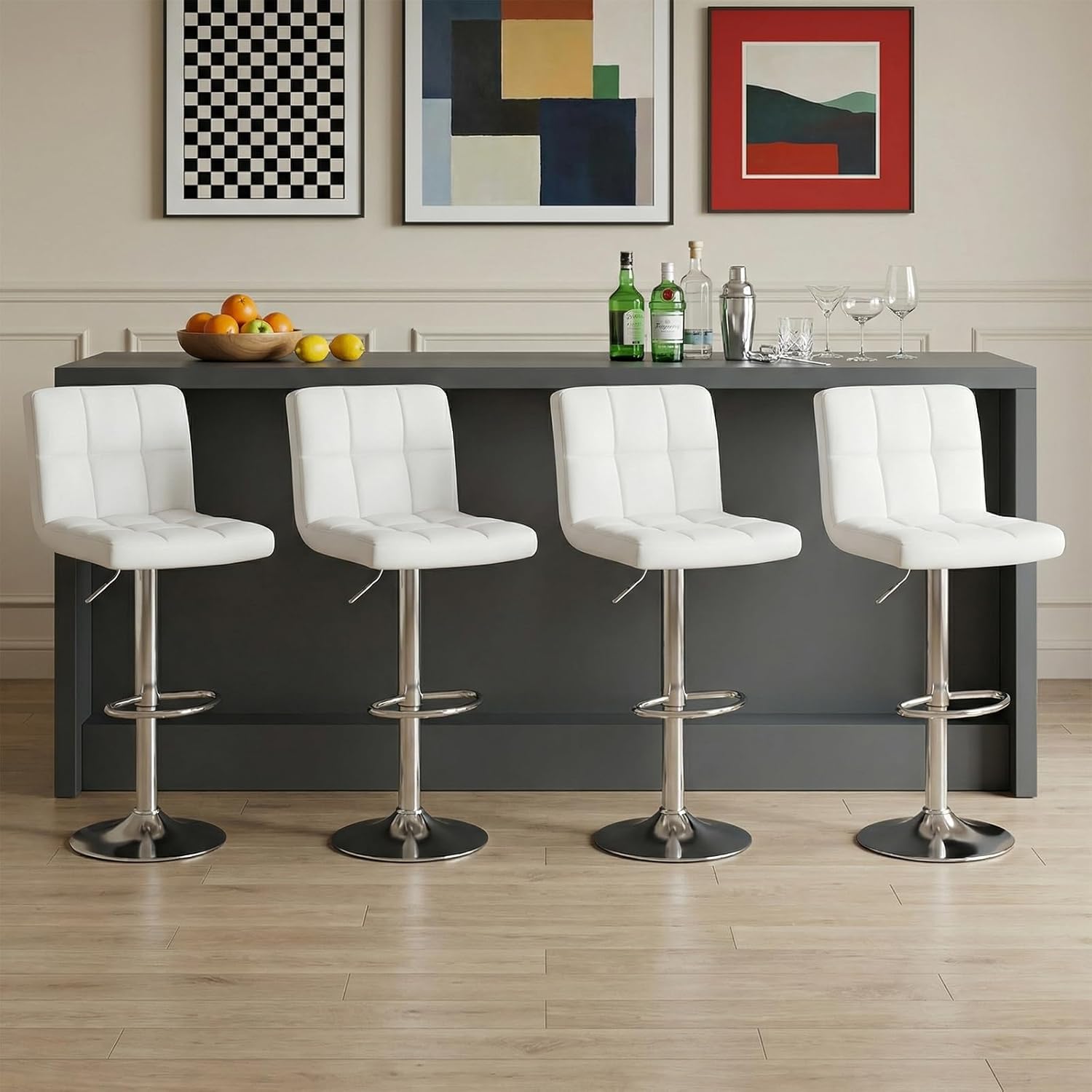Bar Stools Set of 4, 24 Inch Counter Height Bar Stools, Upholstered Modern Kitchen Barstools with Metal Base, PU Leather Saddle Stools for Kitchen Island, Inky Black