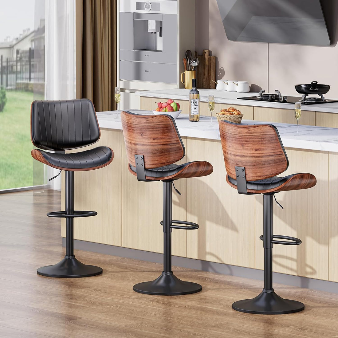 Bar Stools Set of 2, Bar Stools for Kitchen Island with Bentwood Back and Leather Seat, Swivel Barstools for Kitchen Counter, Bar, Black