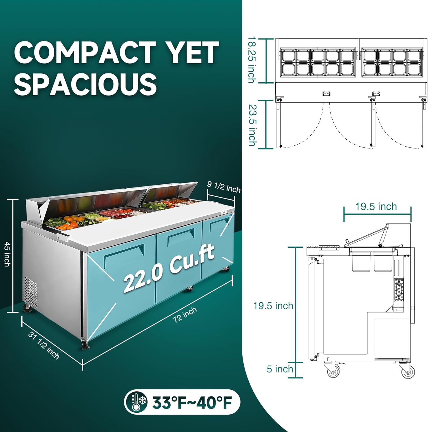 New Commercial Sandwich Pizza Prep Table Refrigerator – Steel Fridge - Digital Temperature Control
