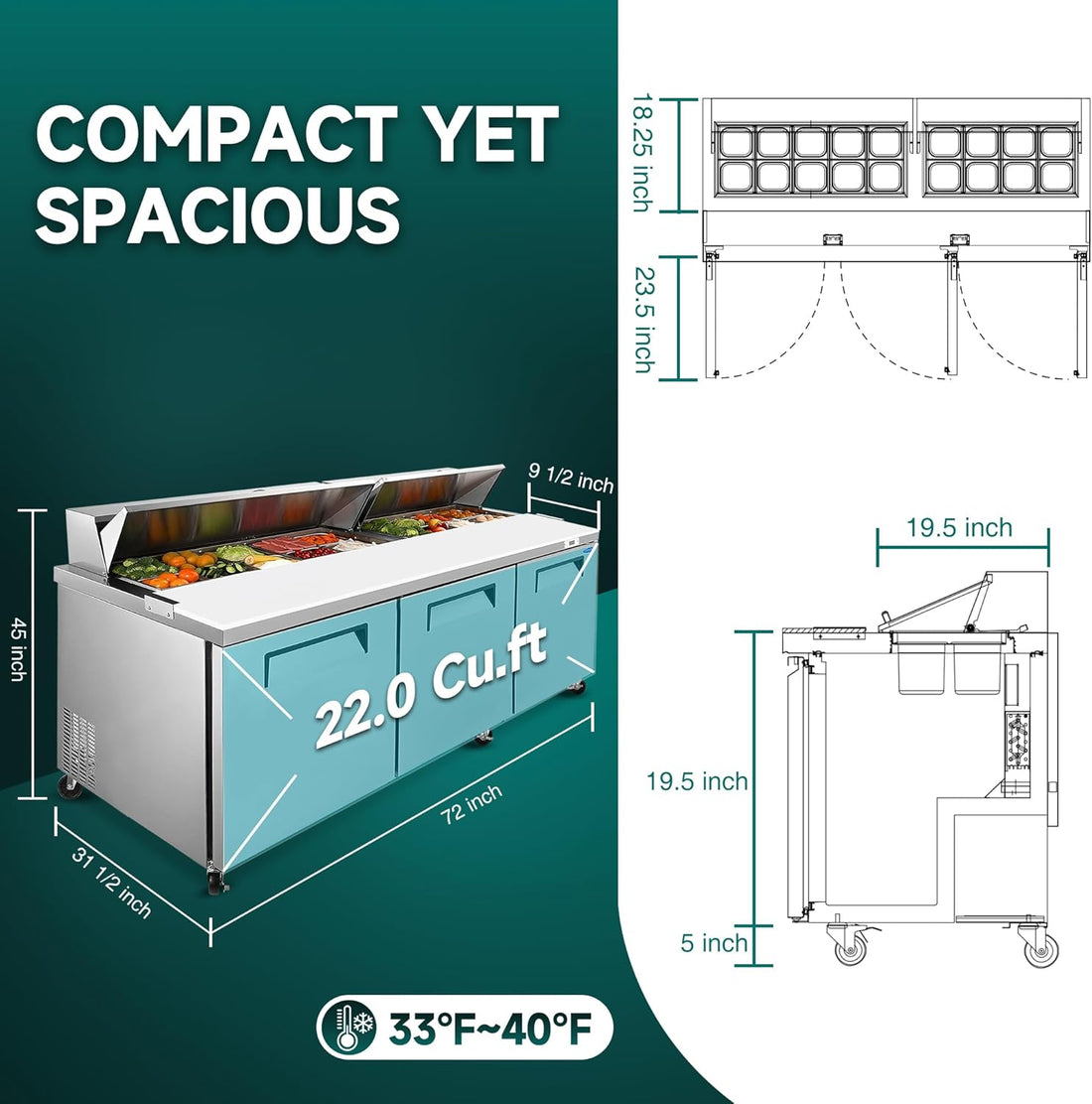 New Commercial Sandwich Pizza Prep Table Refrigerator – Steel Fridge - Digital Temperature Control