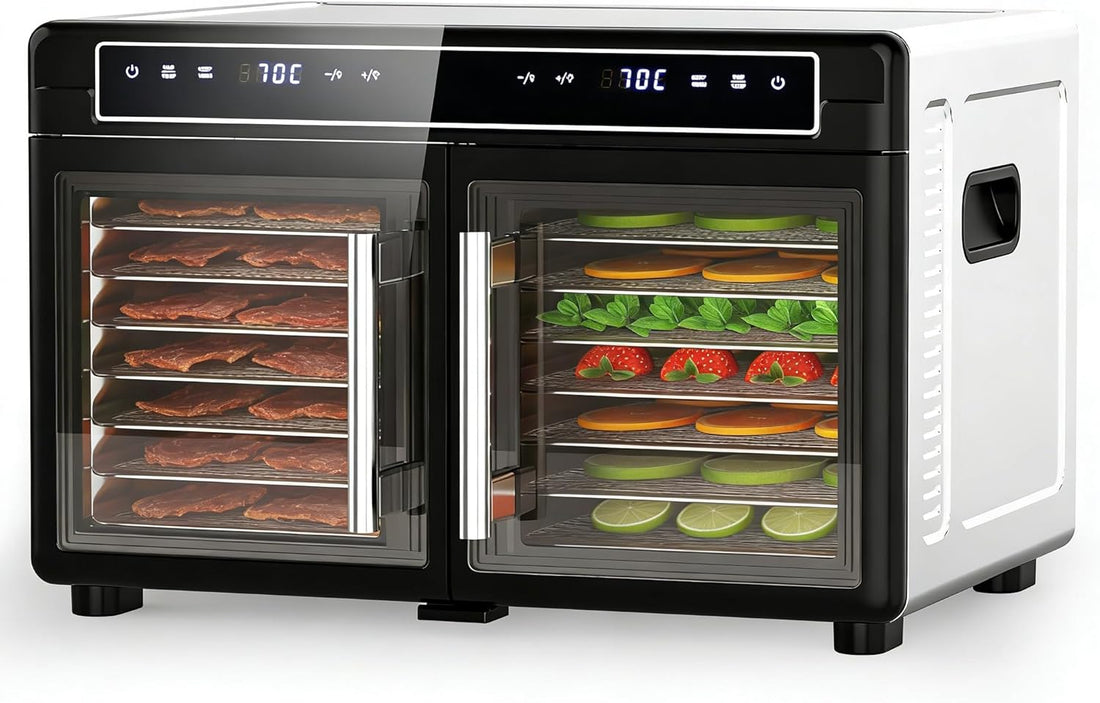 A countertop electric dehydrator oven with a black and white design, featuring two glass doors displaying trays of food, including bacon, strawberries, and sliced fruits, on a white background.
