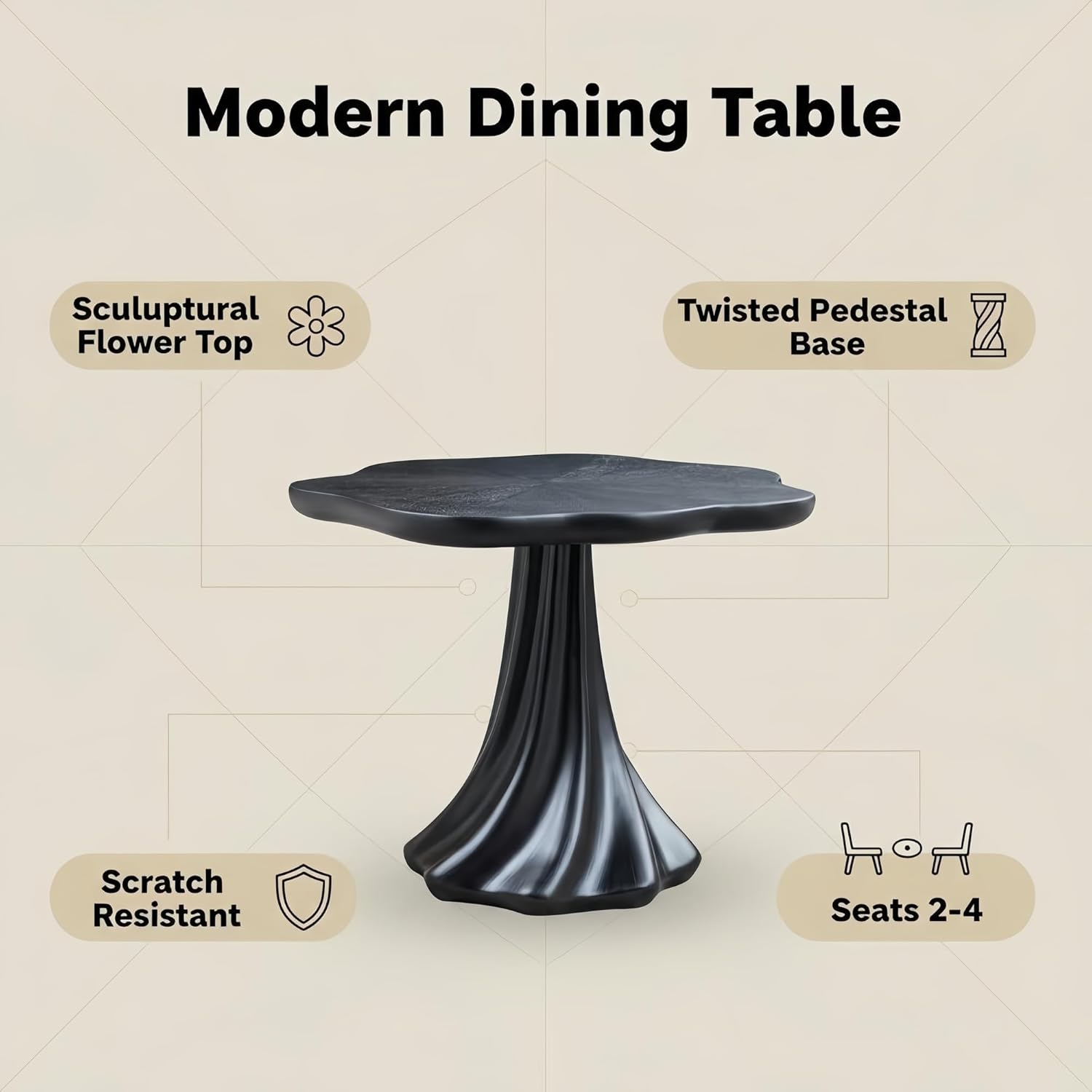 Vintage 37" Round Modern Dining Table – Flower Shape Top, Twisted Pedestal Base