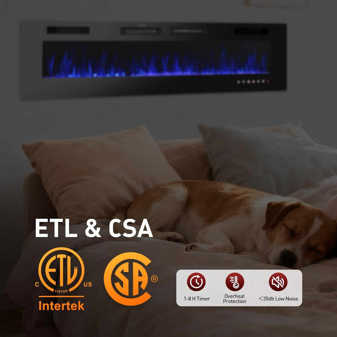 Dog lying on a couch in front of an electric fireplace with certification logos displayed.